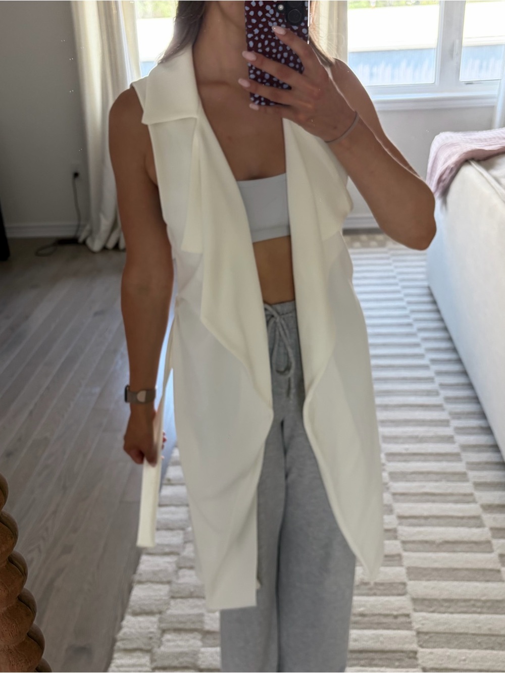 White Sleeveless Drape Front Long Vest